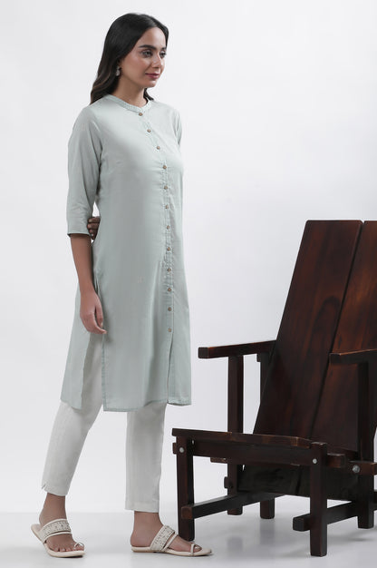 Green Printed Mandarin Collar Kurta And Pants Set