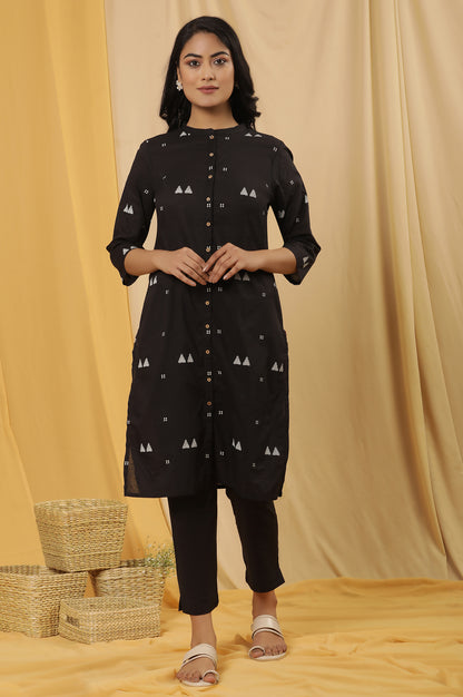 Black Geometric Printed Kurta And Trousers Set