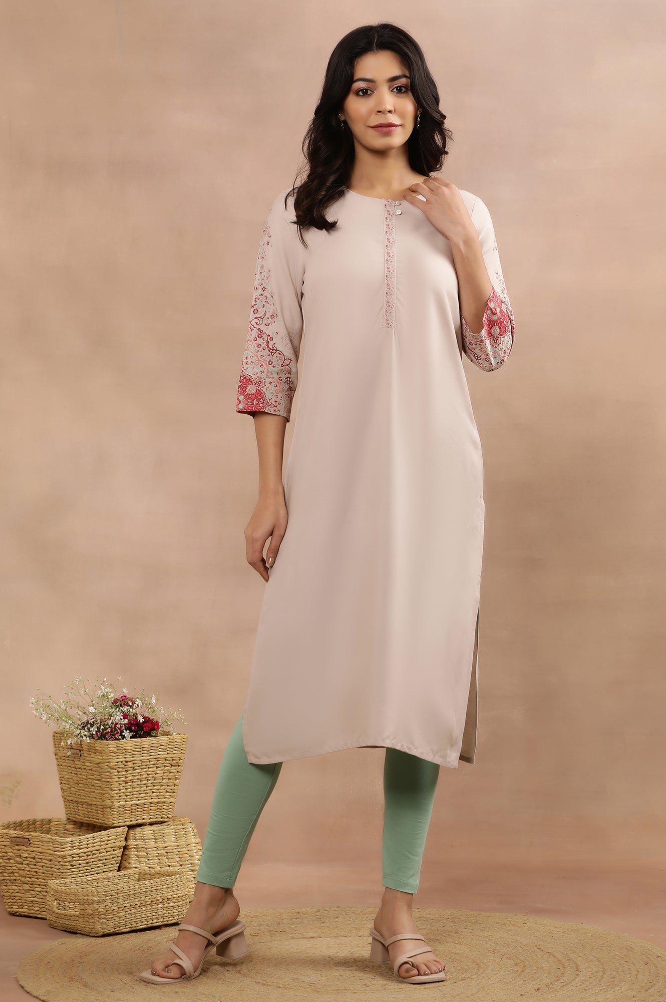 Pink Printed Straight Kurta And Tigths Set