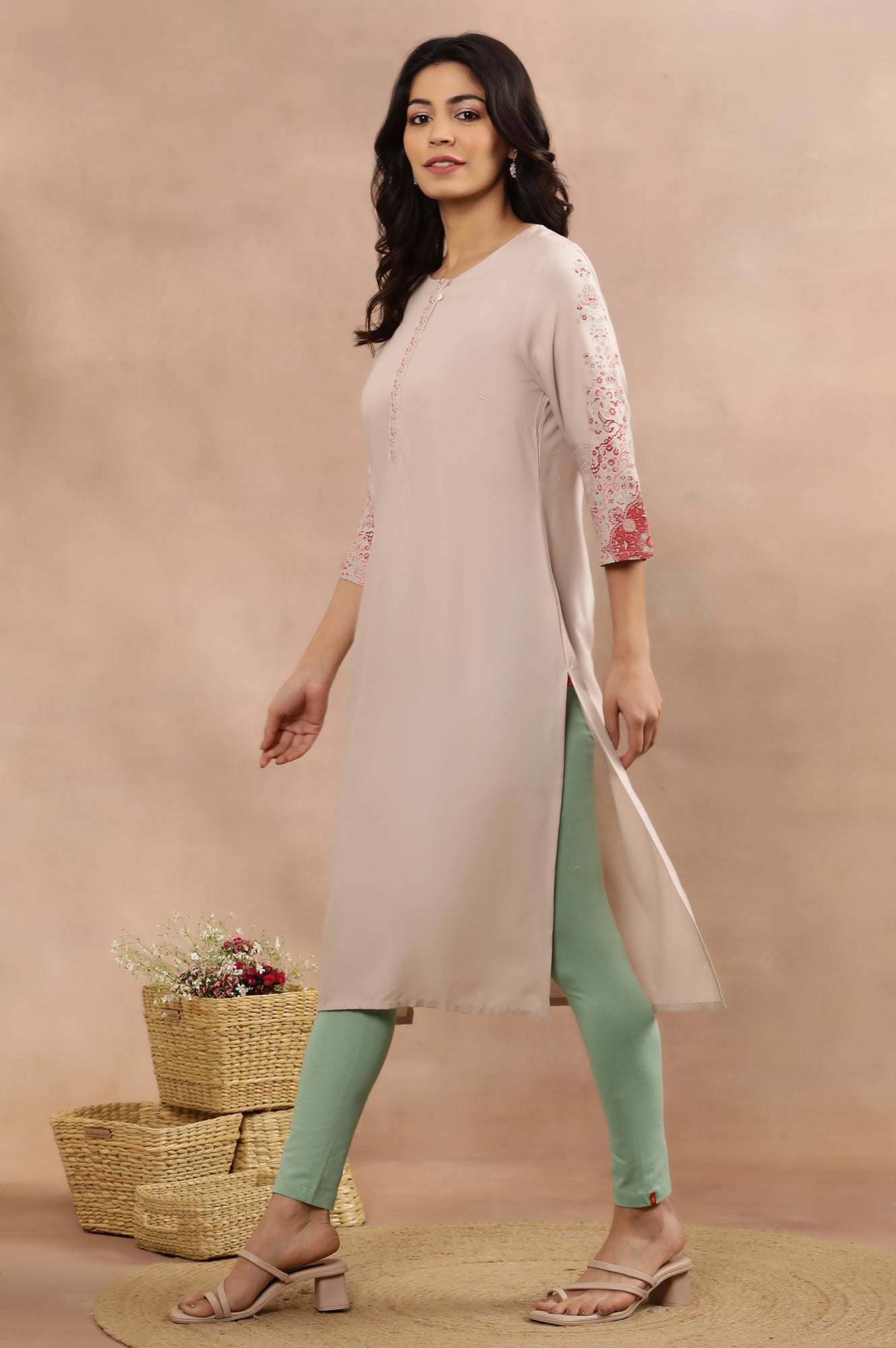 Pink Printed Straight Kurta And Tigths Set