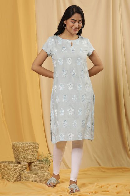 Blue Printed Kurta And Tights Set