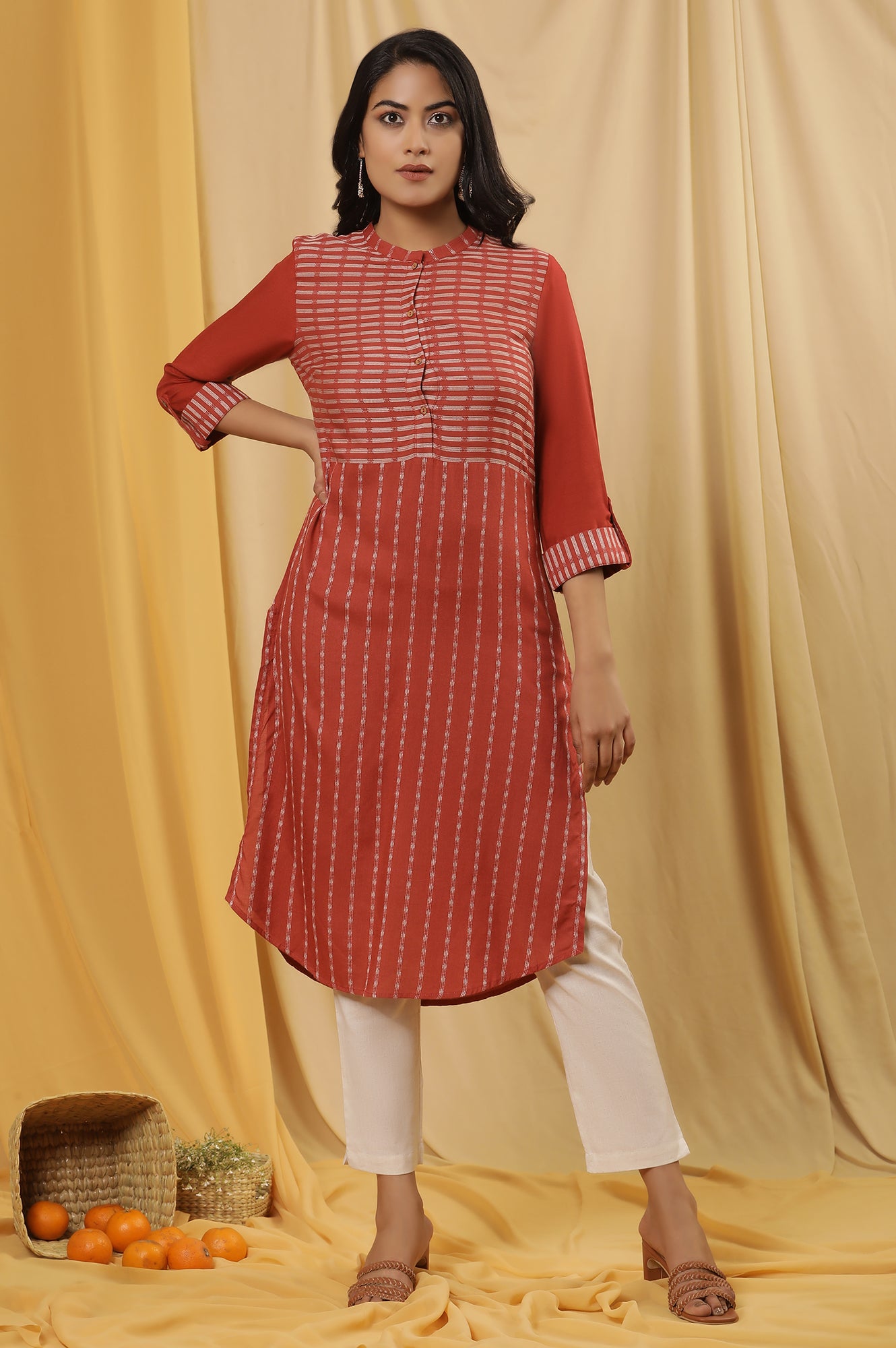 Red Printed Dobby Kurta And Pants Set