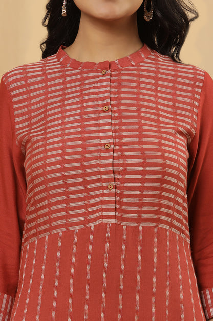 Red Printed Dobby Kurta And Pants Set