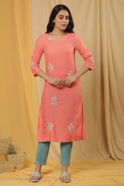 Orange Embroidered Kurta And Pants Set