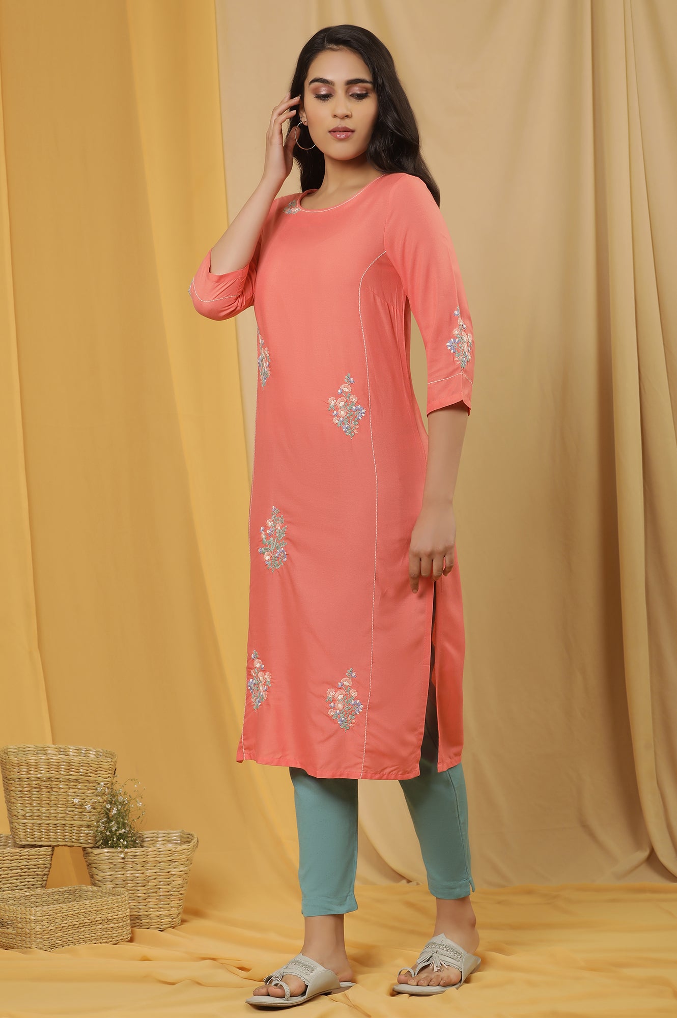 Orange Embroidered Kurta And Pants Set