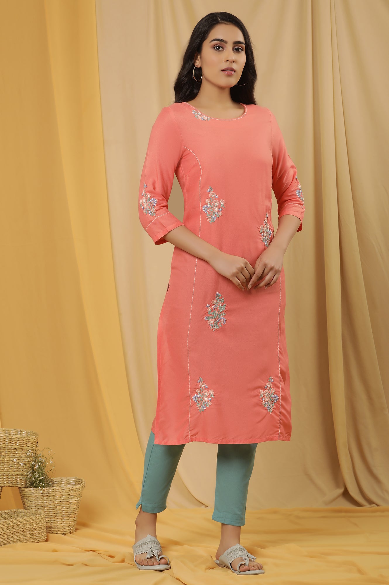 Orange Embroidered Kurta And Pants Set