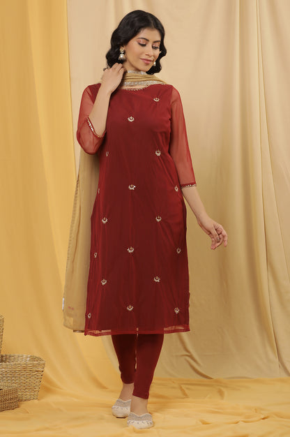 Dark Red Embroidered Kurta, Tights And Dupatta Set