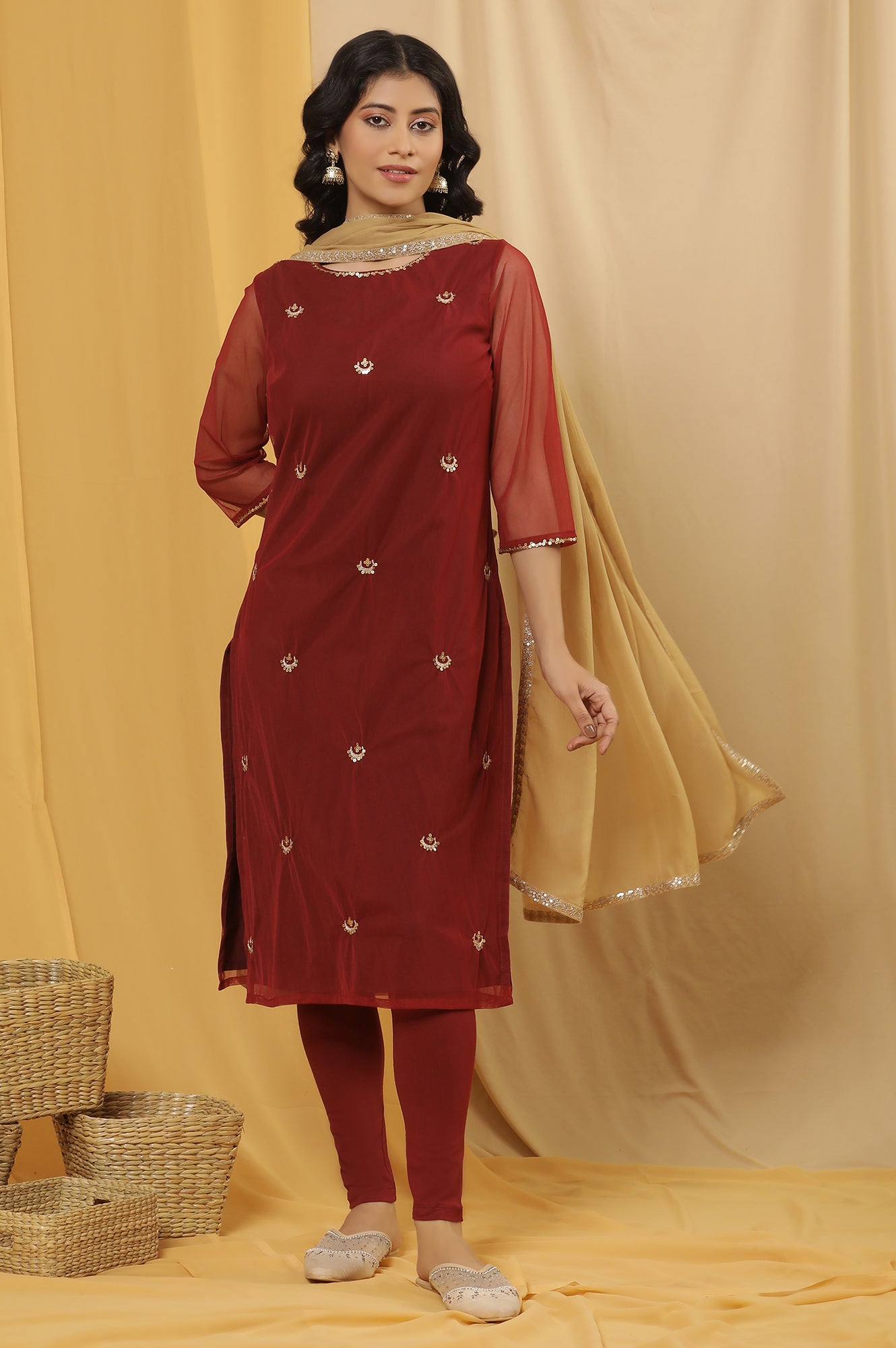 Dark Red Embroidered Kurta, Tights And Dupatta Set