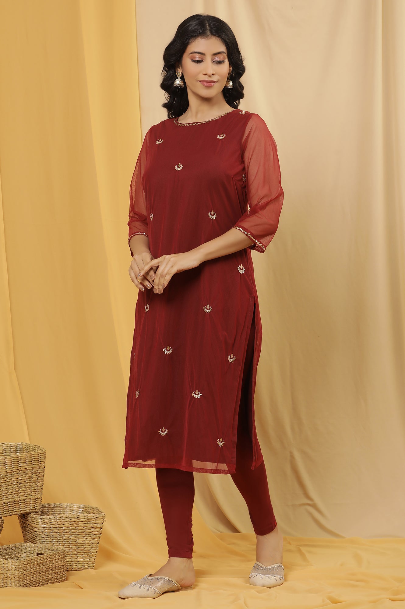 Dark Red Embroidered Kurta, Tights And Dupatta Set