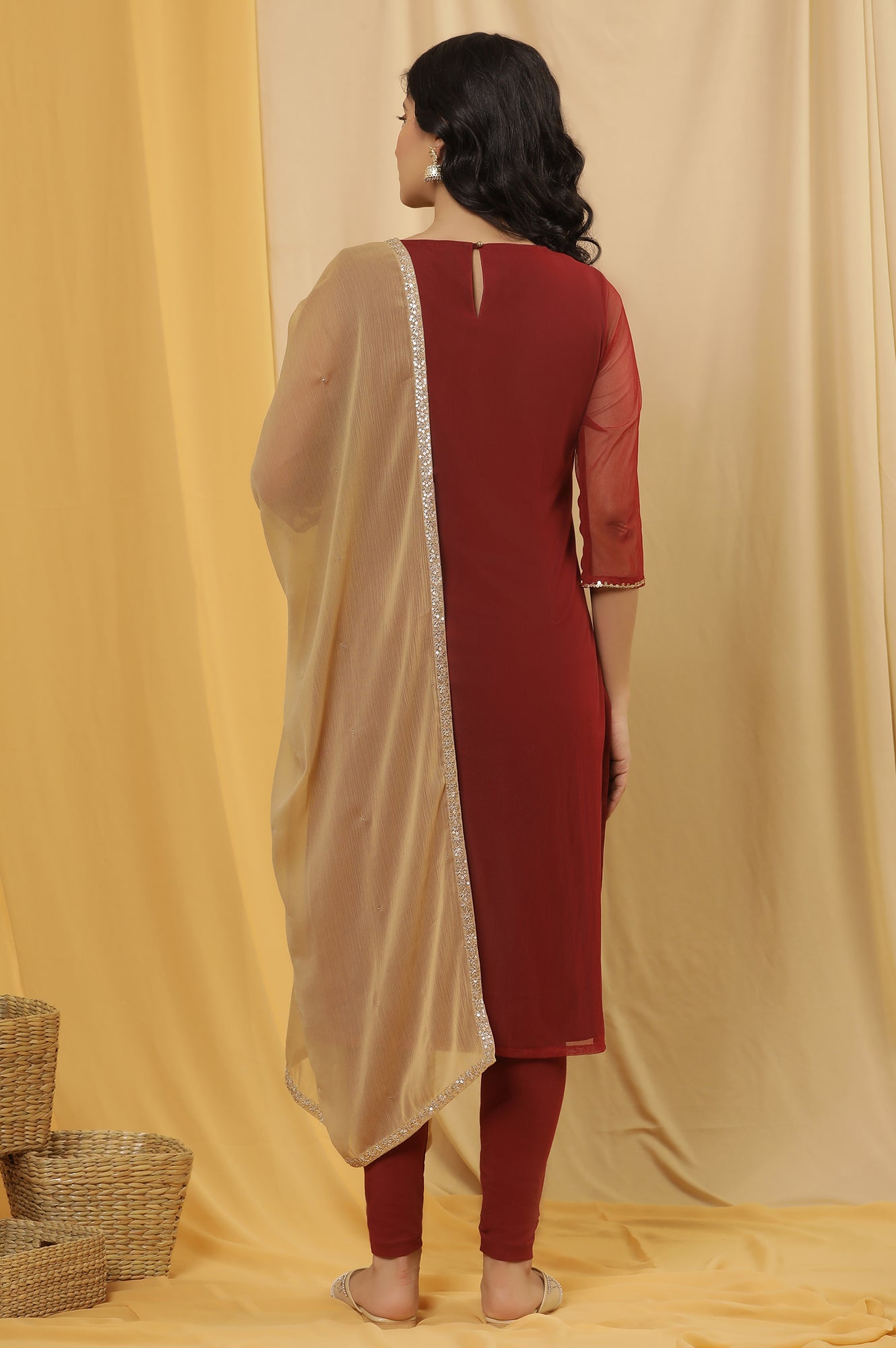 Dark Red Embroidered Kurta, Tights And Dupatta Set