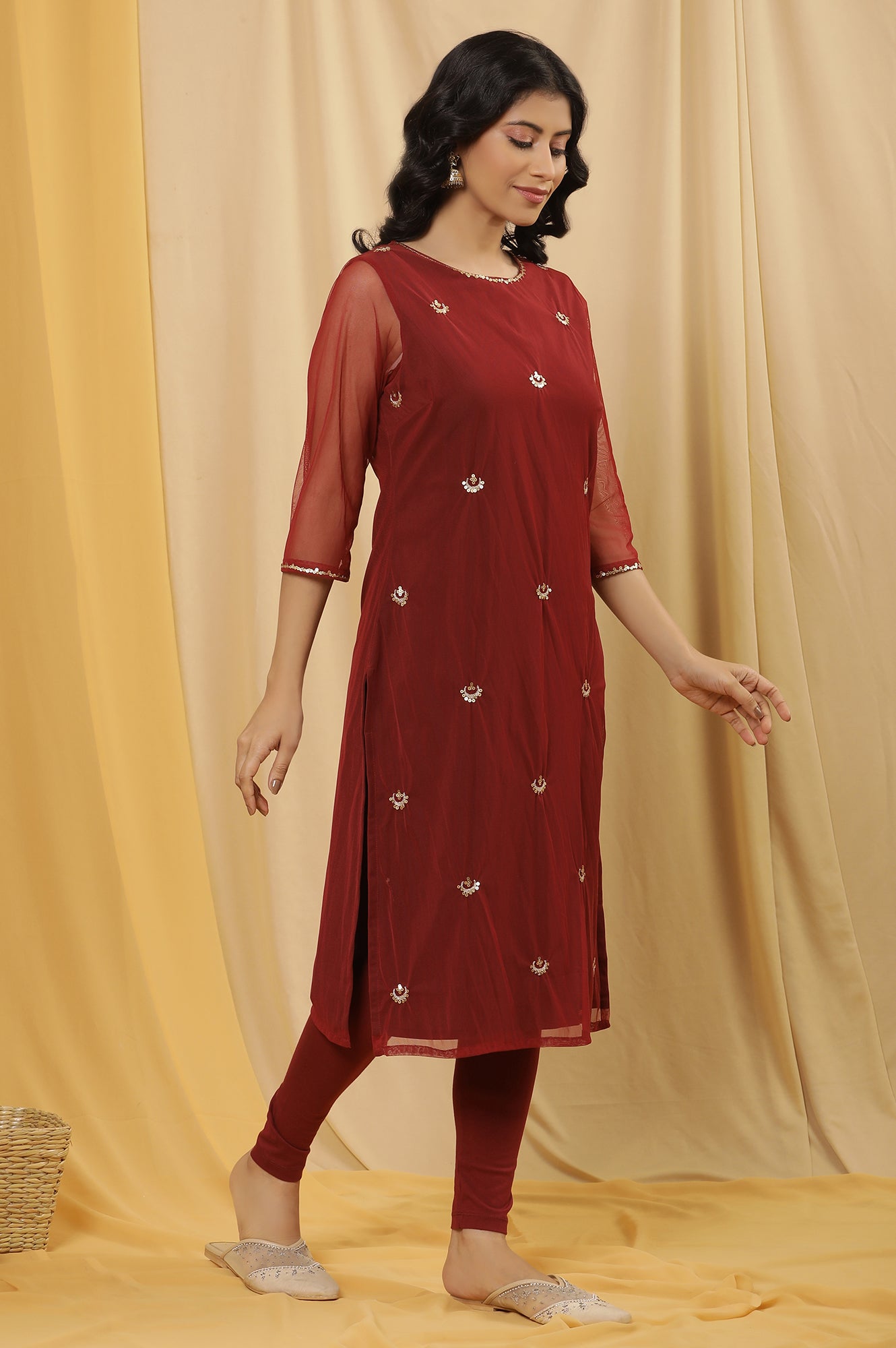 Dark Red Embroidered Kurta, Tights And Dupatta Set