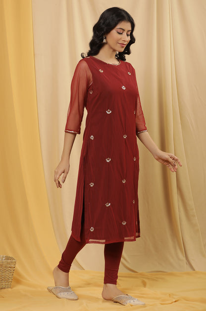 Dark Red Embroidered Kurta, Tights And Dupatta Set