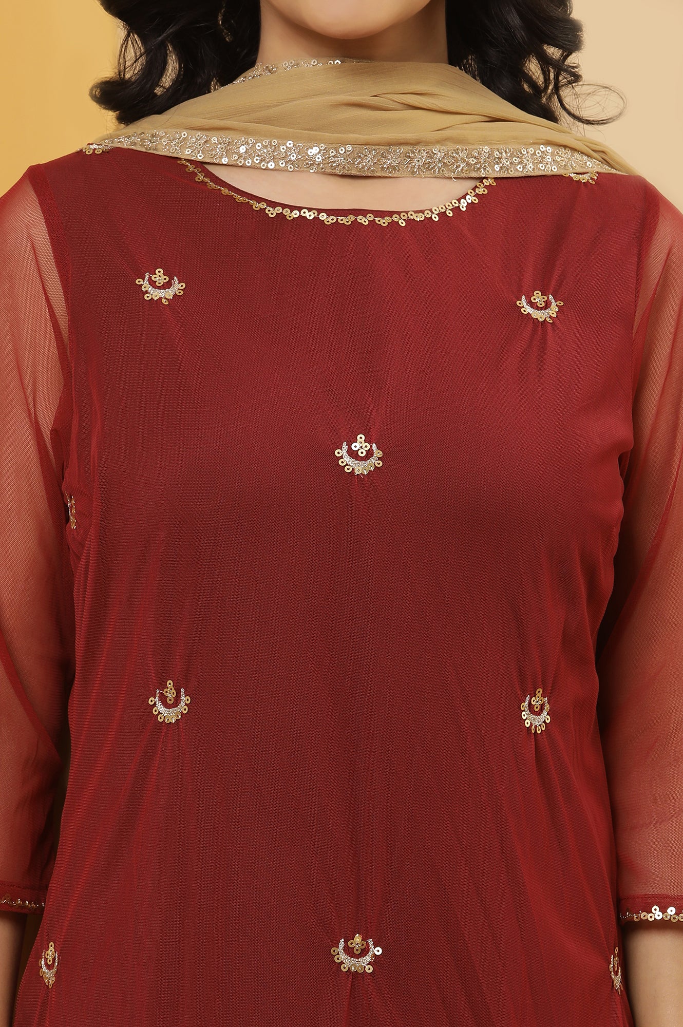 Dark Red Embroidered Kurta, Tights And Dupatta Set