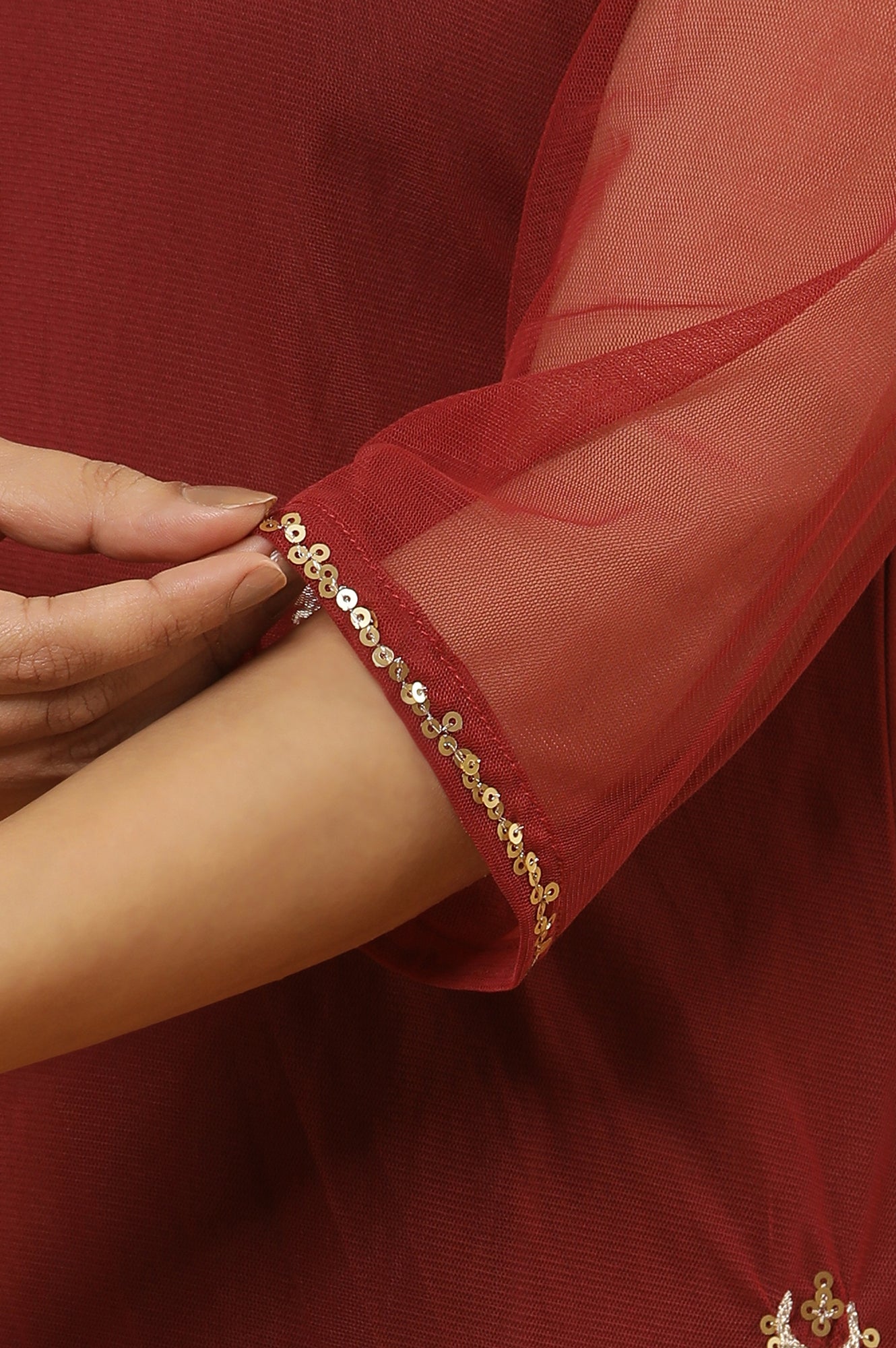 Dark Red Embroidered Kurta, Tights And Dupatta Set