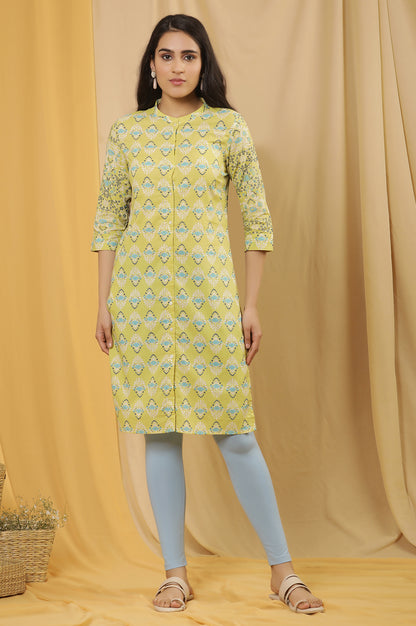 Green Printed Kurta And Tights Set