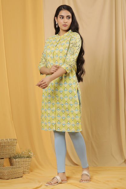 Green Printed Kurta And Tights Set