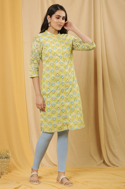 Green Printed Kurta And Tights Set