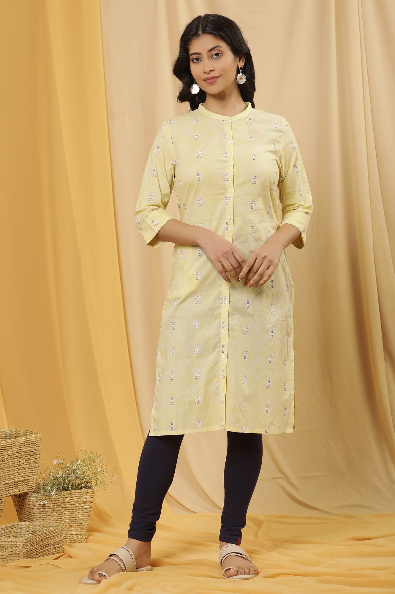 Yellow Printed Kurta And Tights Set