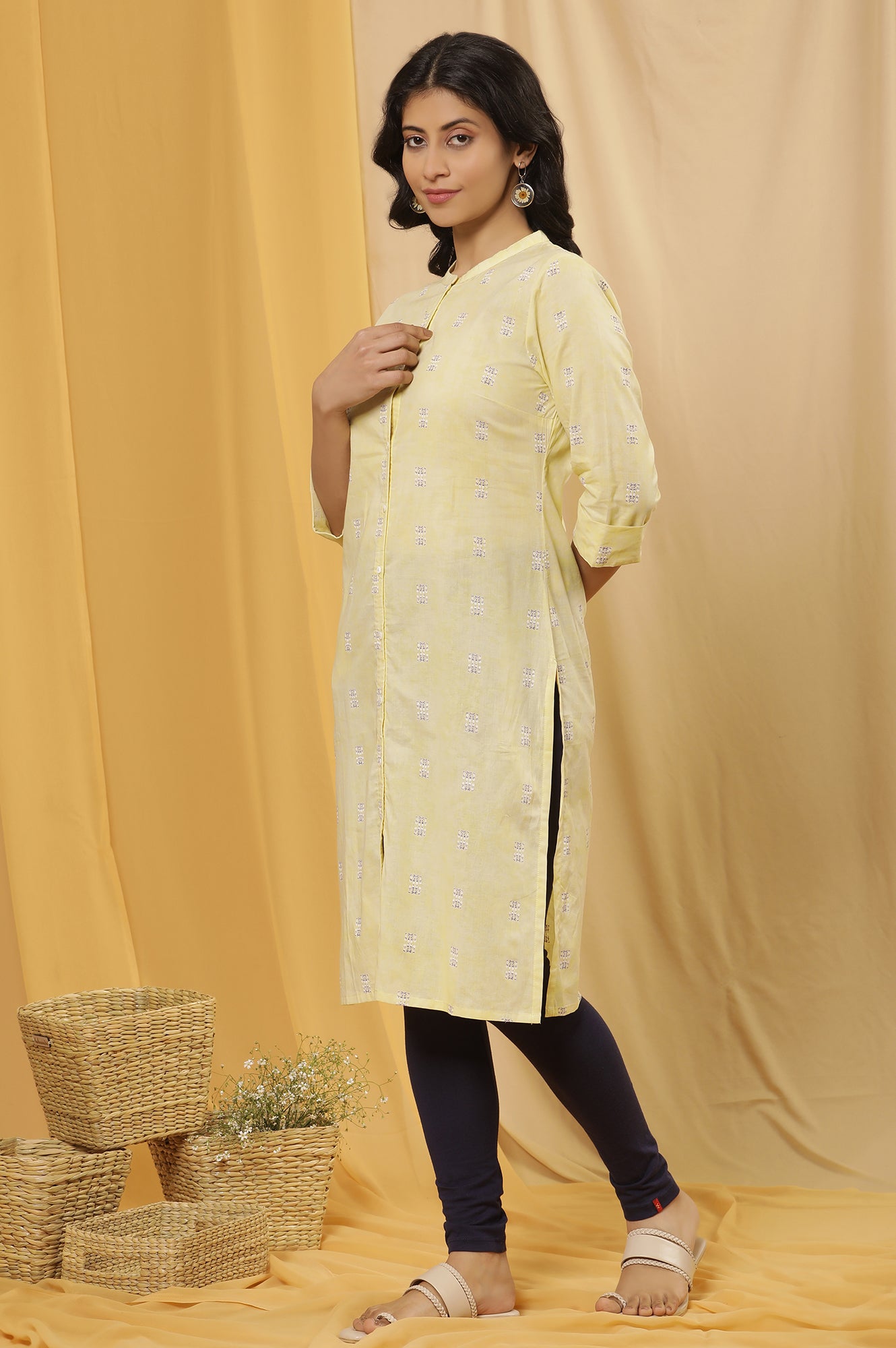 Yellow Printed Kurta And Tights Set