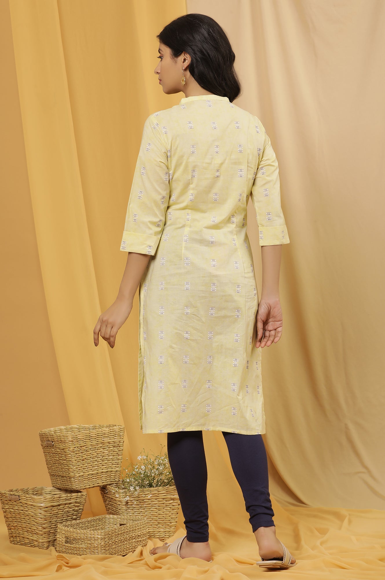 Yellow Printed Kurta And Tights Set