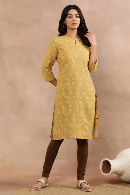 Yellow Printed Dobby Kurta And Tights Set