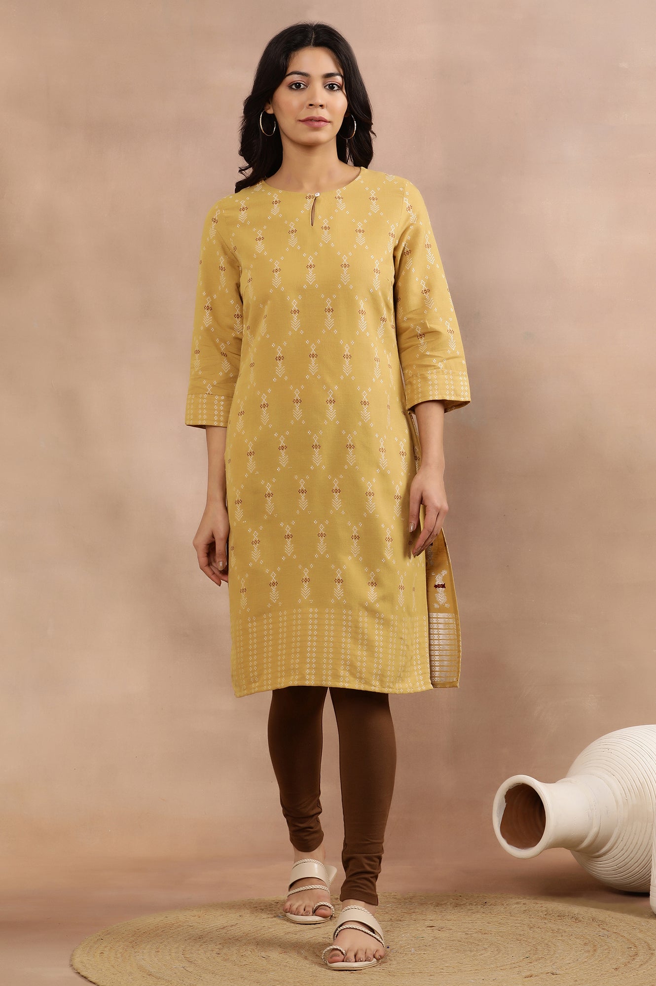 Yellow Printed Dobby Kurta And Tights Set