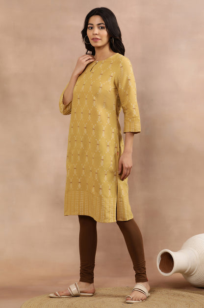 Yellow Printed Dobby Kurta And Tights Set