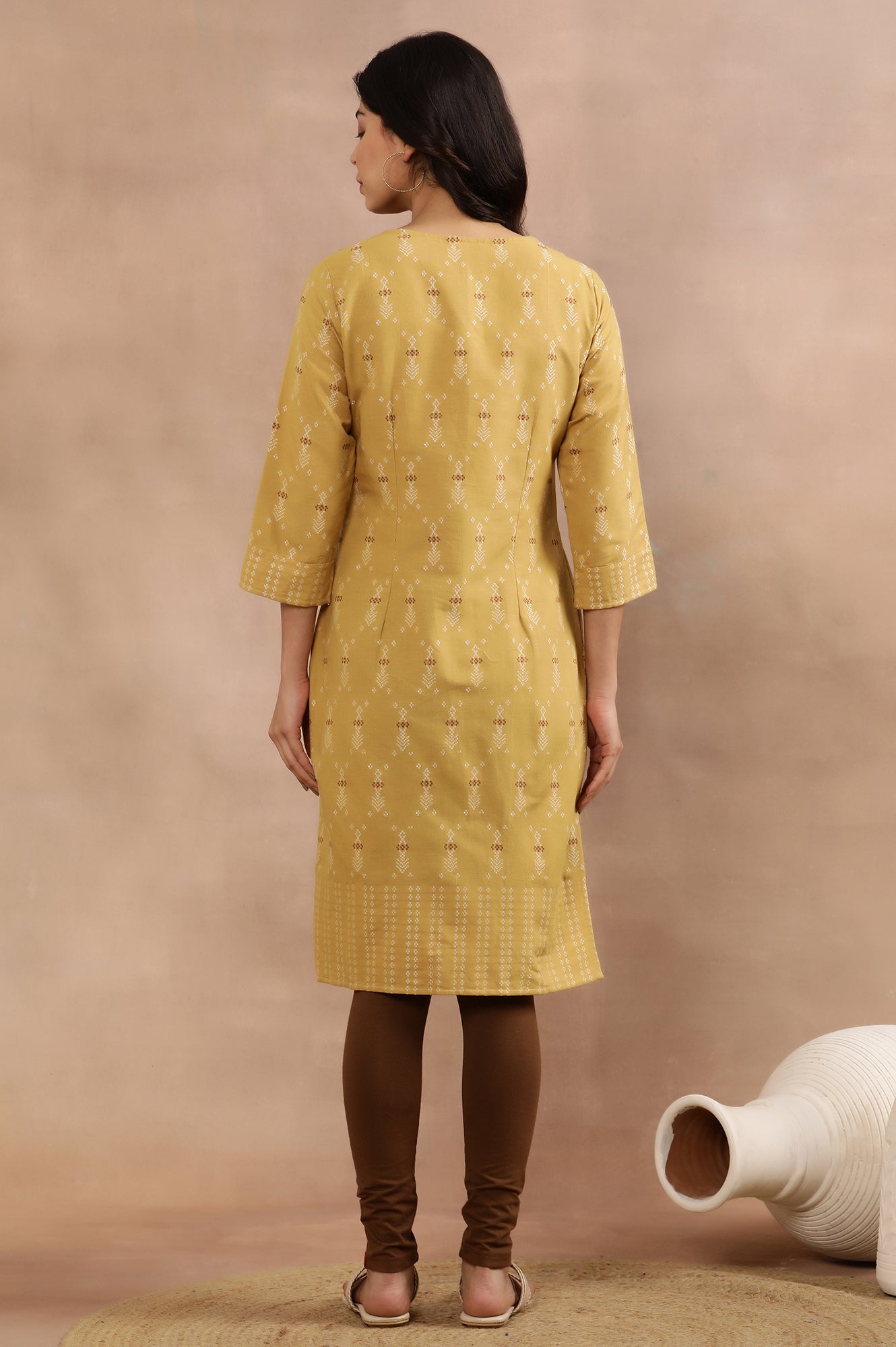 Yellow Printed Dobby Kurta And Tights Set