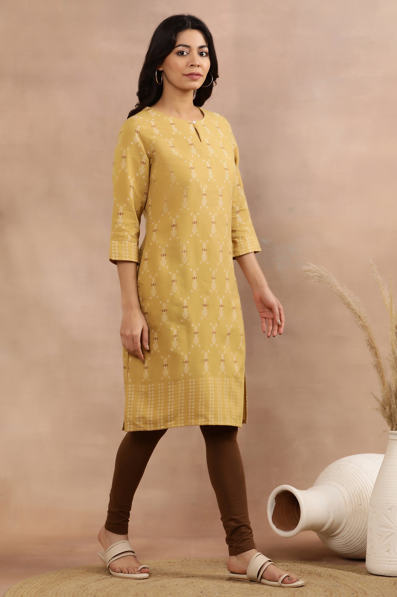 Yellow Printed Dobby Kurta And Tights Set