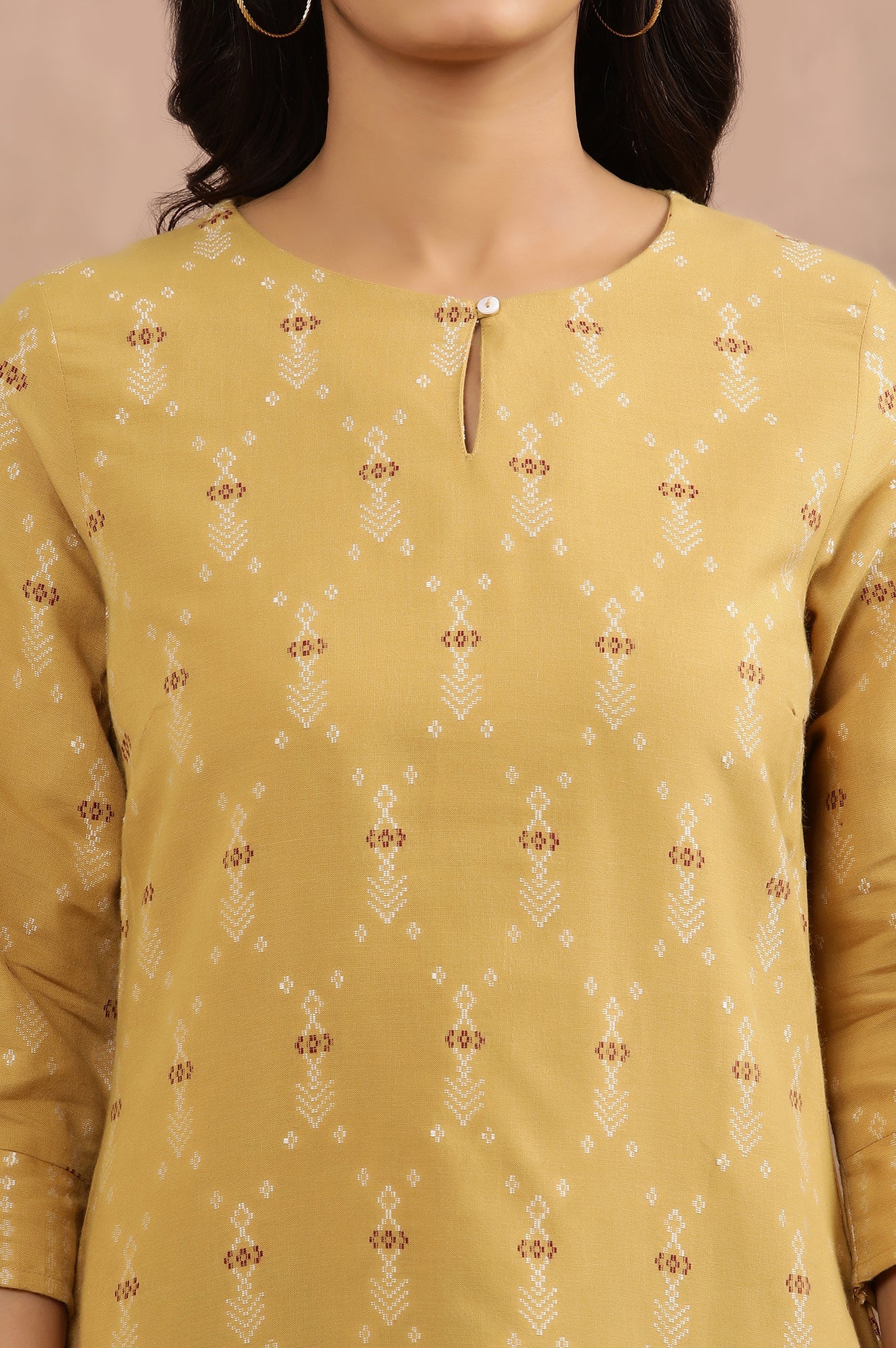 Yellow Printed Dobby Kurta And Tights Set