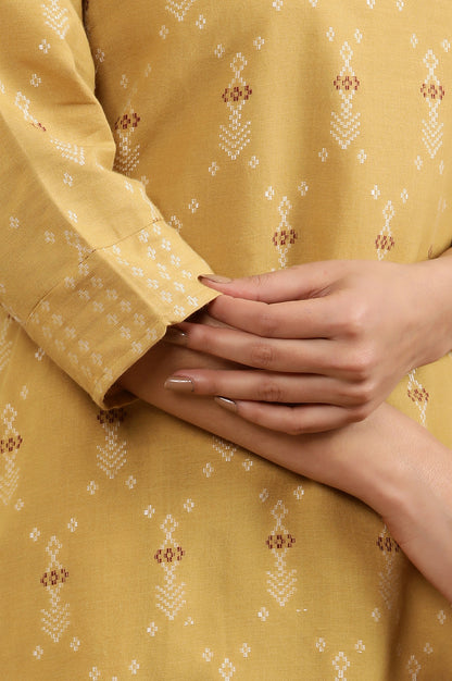 Yellow Printed Dobby Kurta And Tights Set