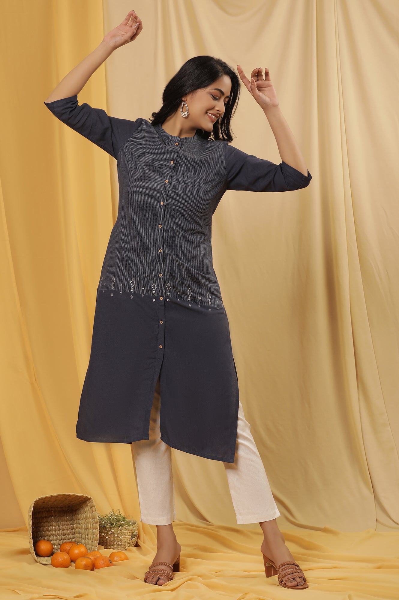 Navy Blue Printed Straight Kurta And Pants Set