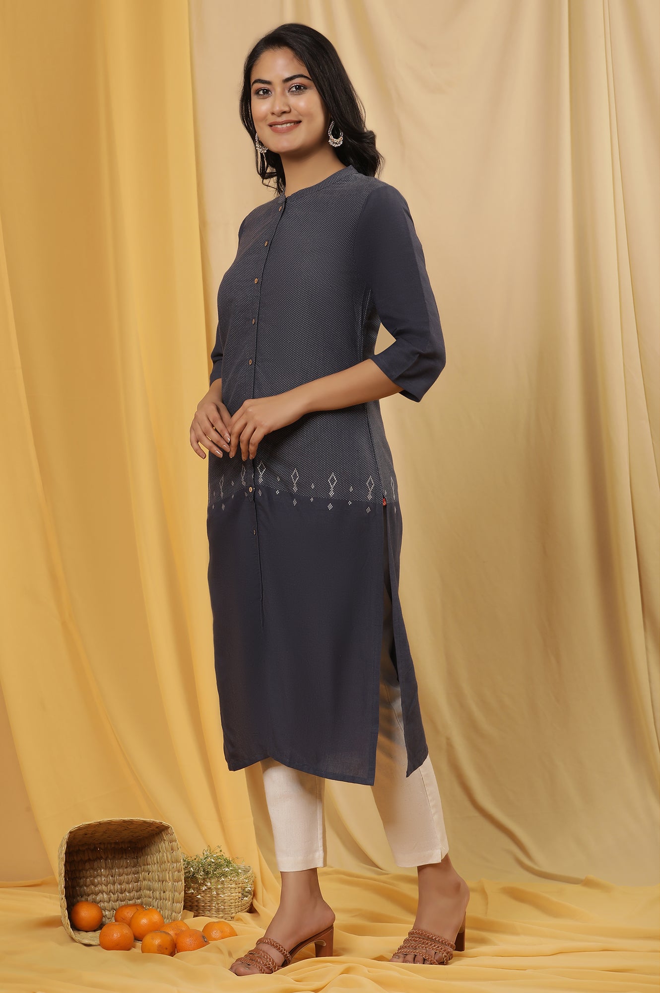 Navy Blue Printed Straight Kurta And Pants Set