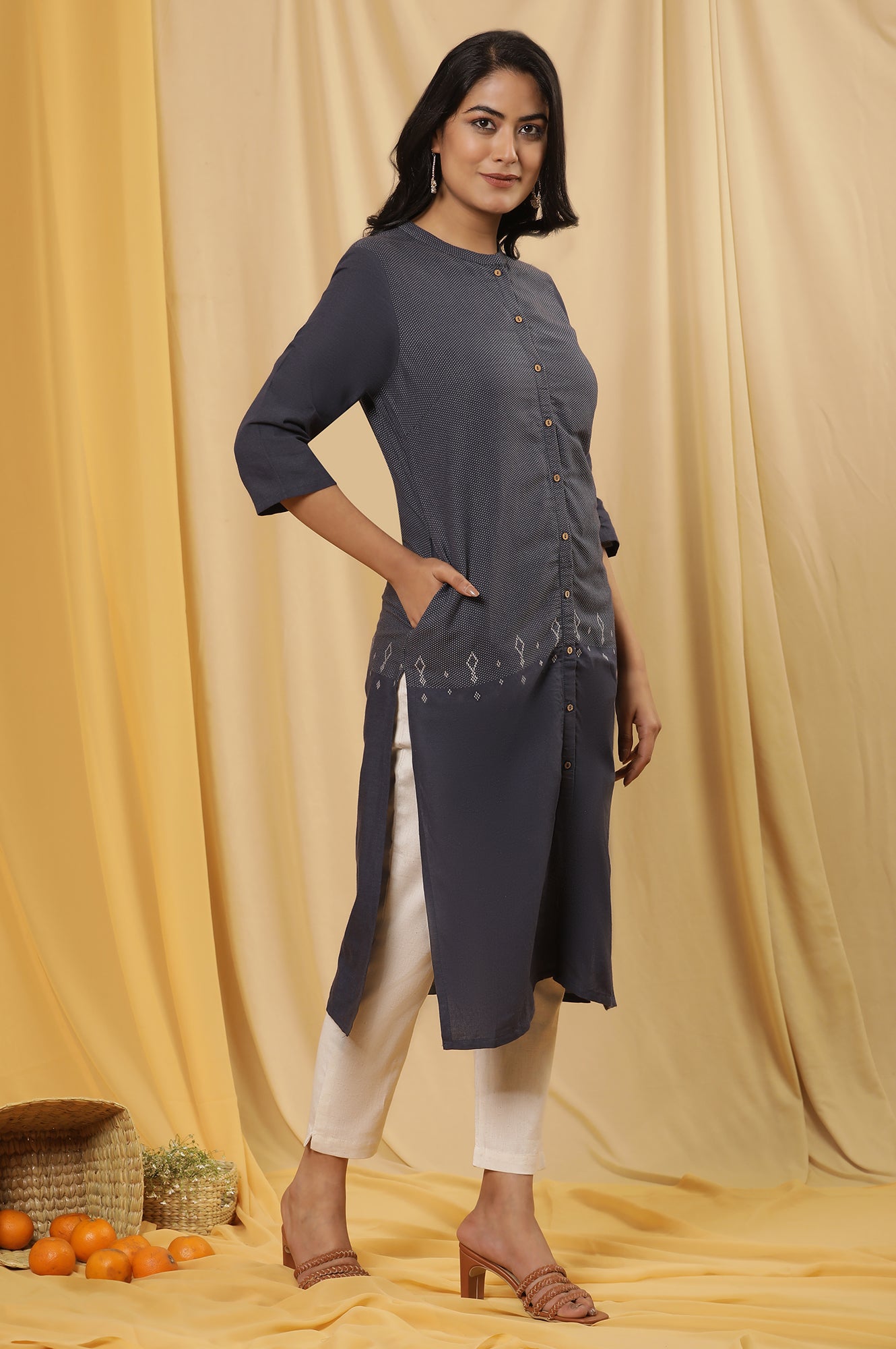 Navy Blue Printed Straight Kurta And Pants Set