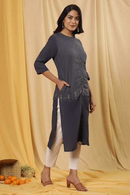 Navy Blue Printed Straight Kurta And Pants Set