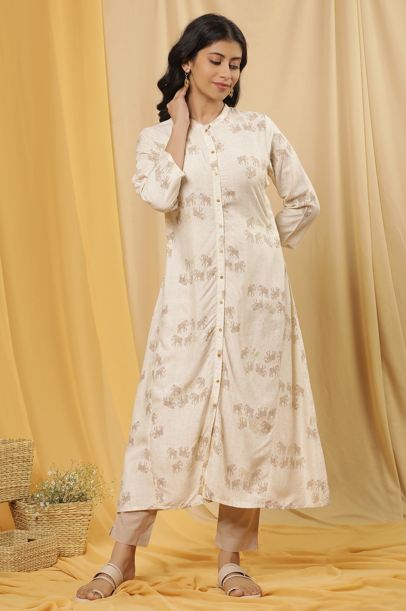 Beige Printed Kurta And Pants Set