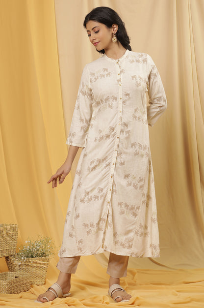 Beige Printed Kurta And Pants Set