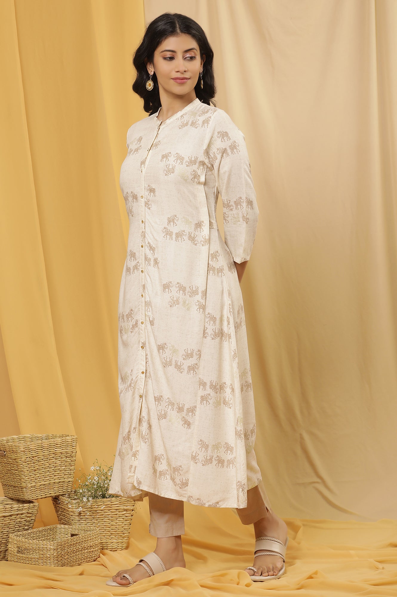 Beige Printed Kurta And Pants Set