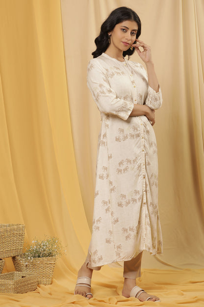 Beige Printed Kurta And Pants Set