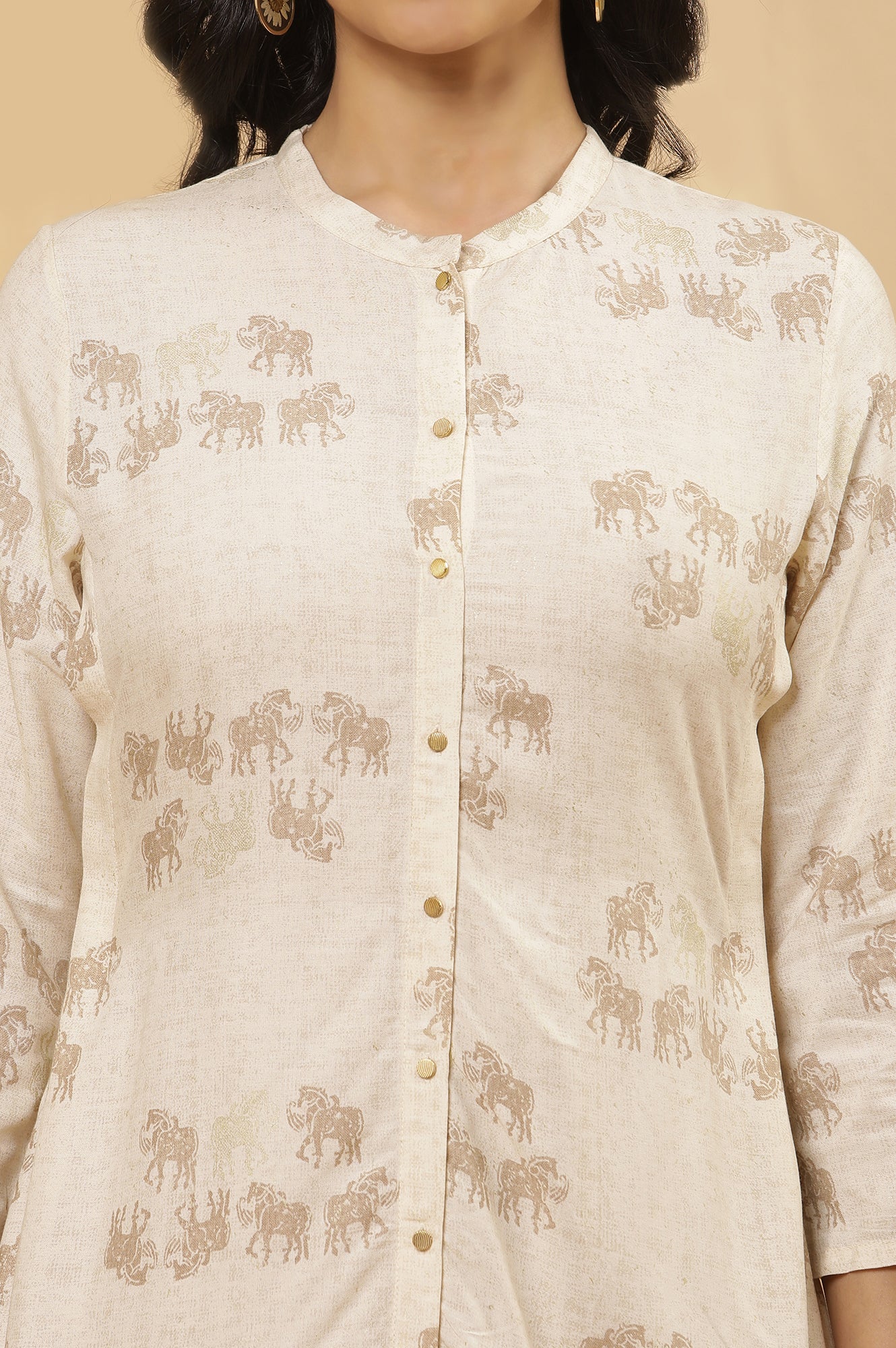 Beige Printed Kurta And Pants Set