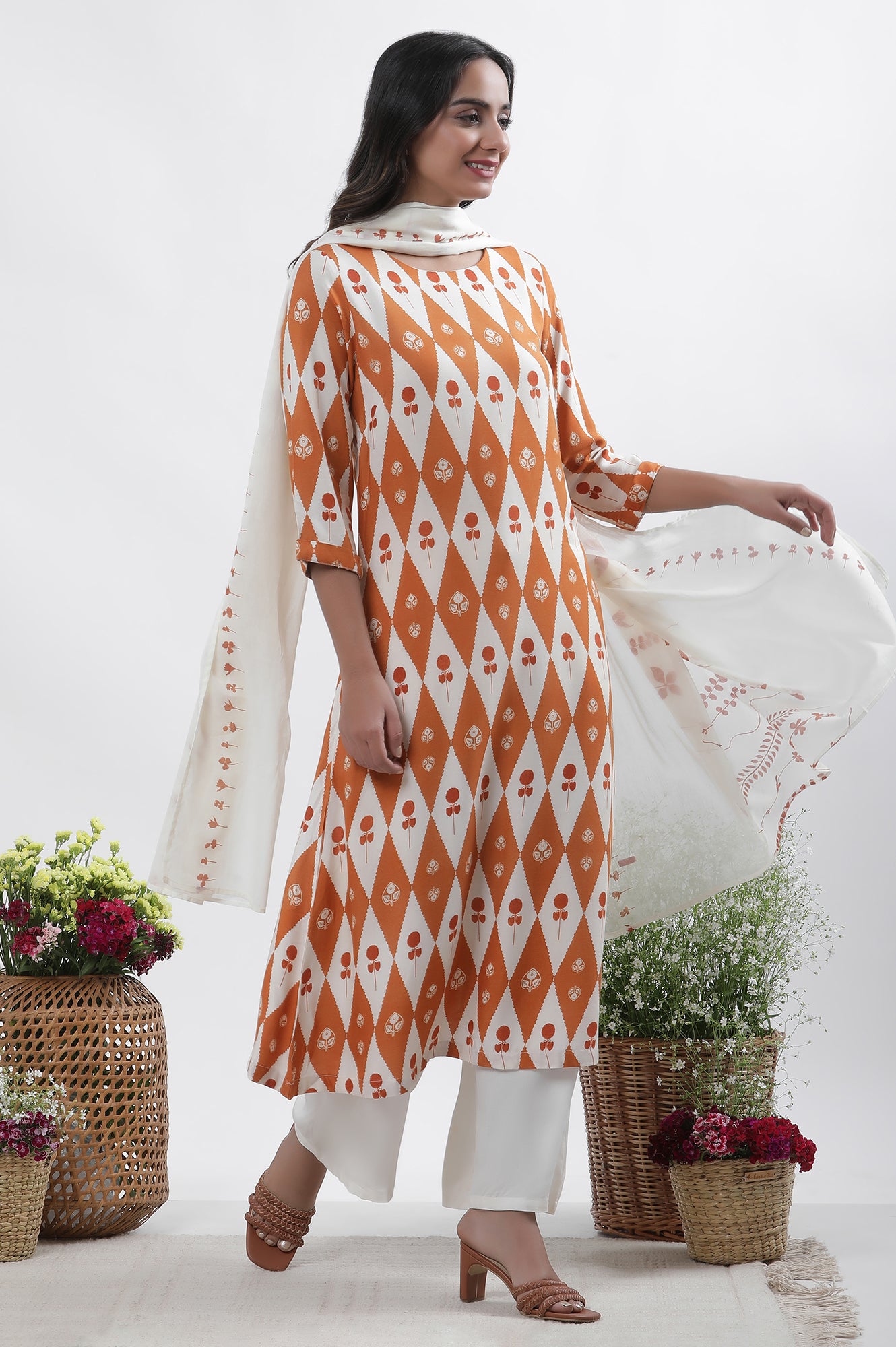 Orange &amp; White Printed Kurta, Pants And Dupatta Set