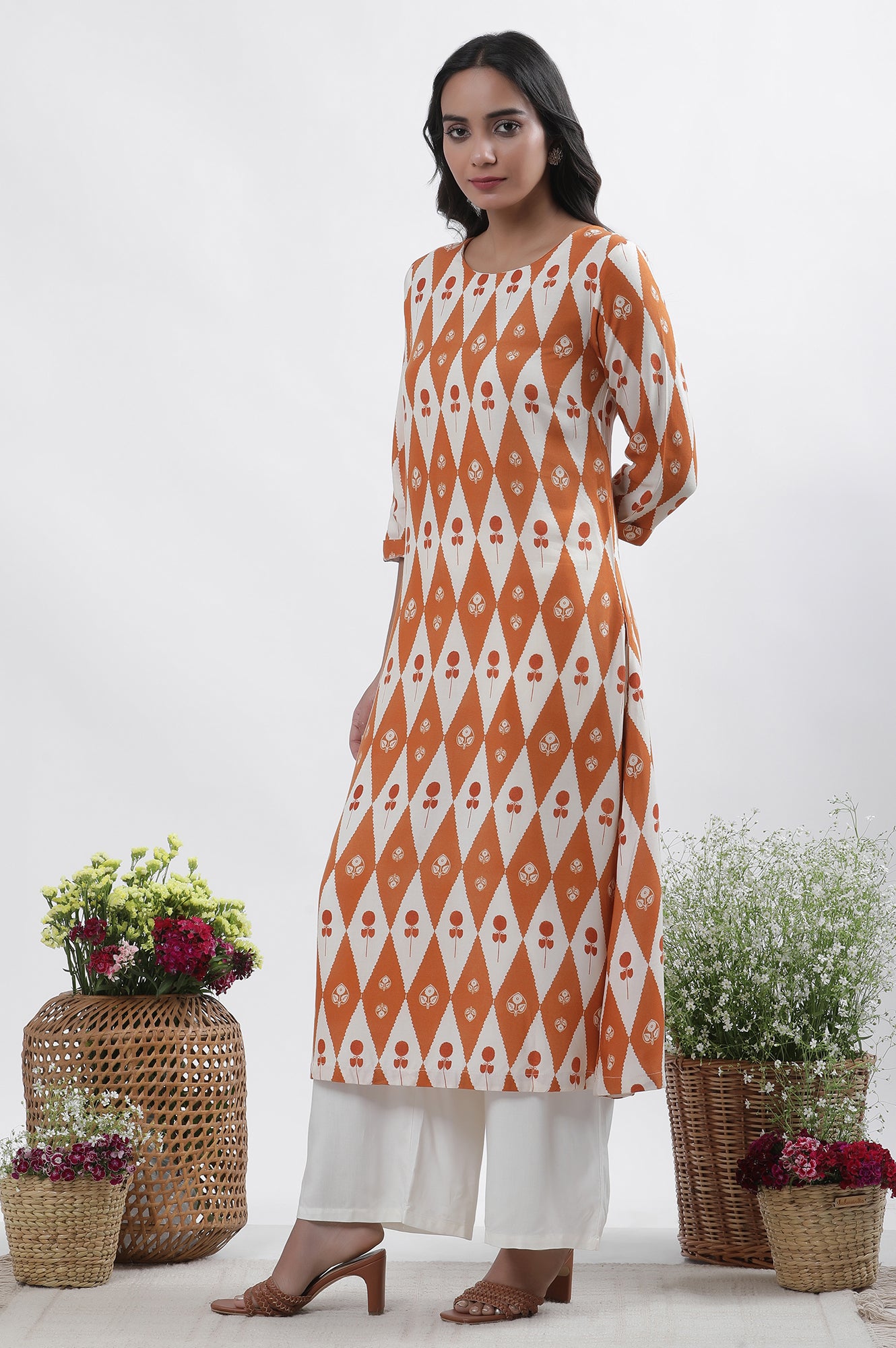 Orange &amp; White Printed Kurta, Pants And Dupatta Set