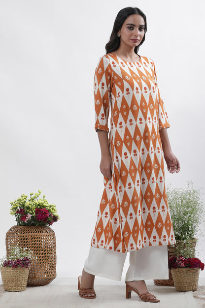 Orange &amp; White Printed Kurta, Pants And Dupatta Set