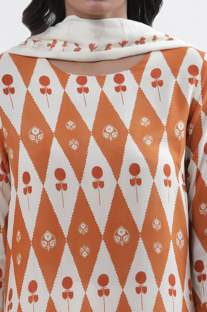 Orange &amp; White Printed Kurta, Pants And Dupatta Set