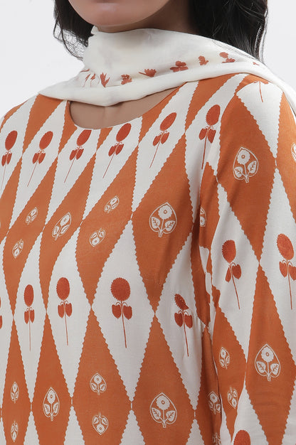 Orange &amp; White Printed Kurta, Pants And Dupatta Set