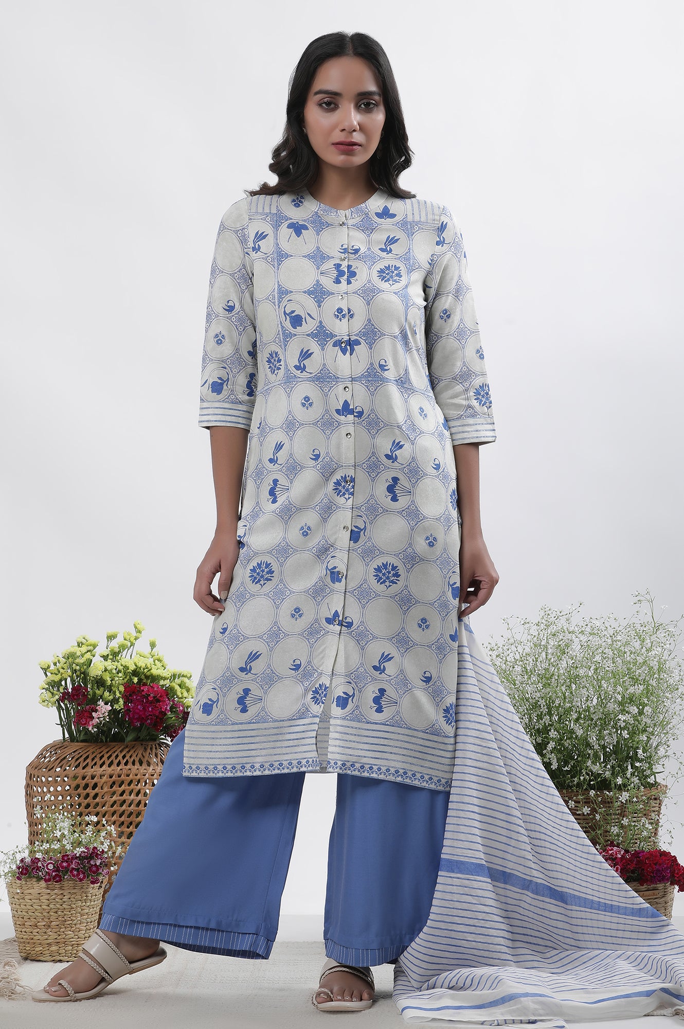 White &amp; Blue Printed Kurta, Parallel Pants And Dupatta Set