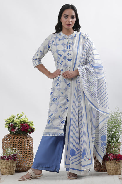 White &amp; Blue Printed Kurta, Parallel Pants And Dupatta Set