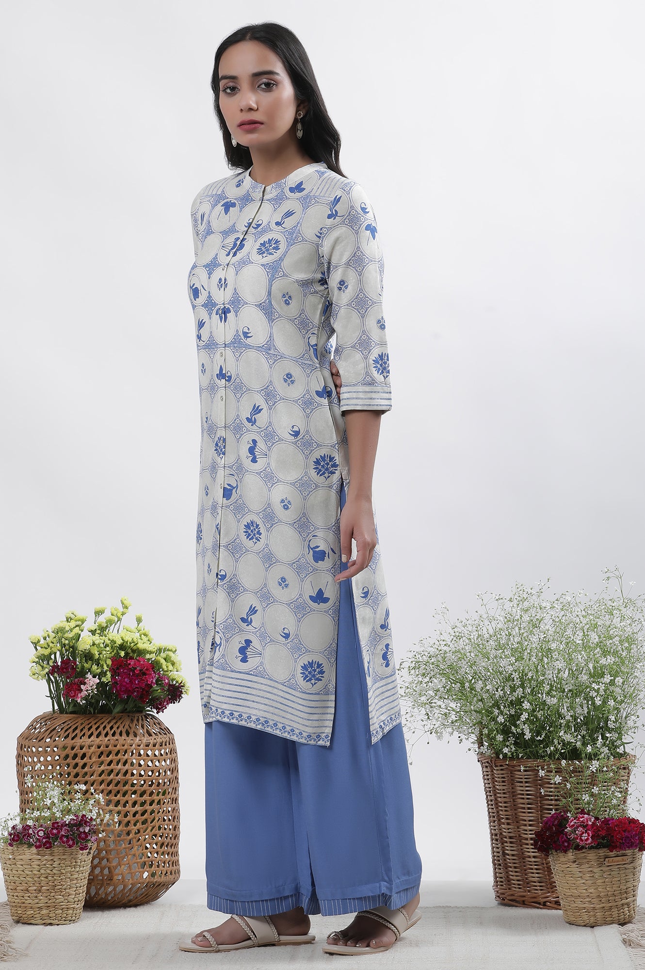 White &amp; Blue Printed Kurta, Parallel Pants And Dupatta Set