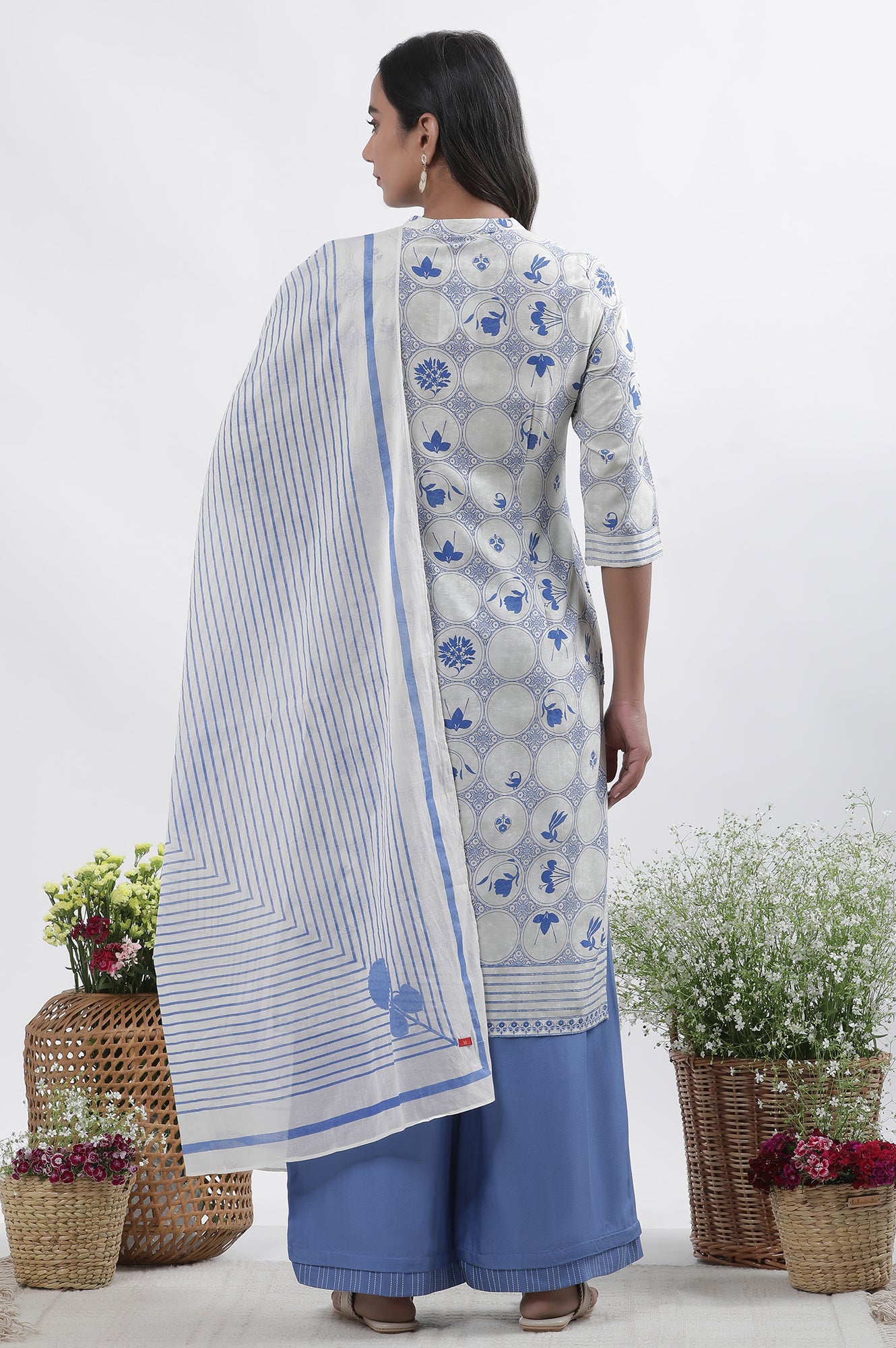 White &amp; Blue Printed Kurta, Parallel Pants And Dupatta Set