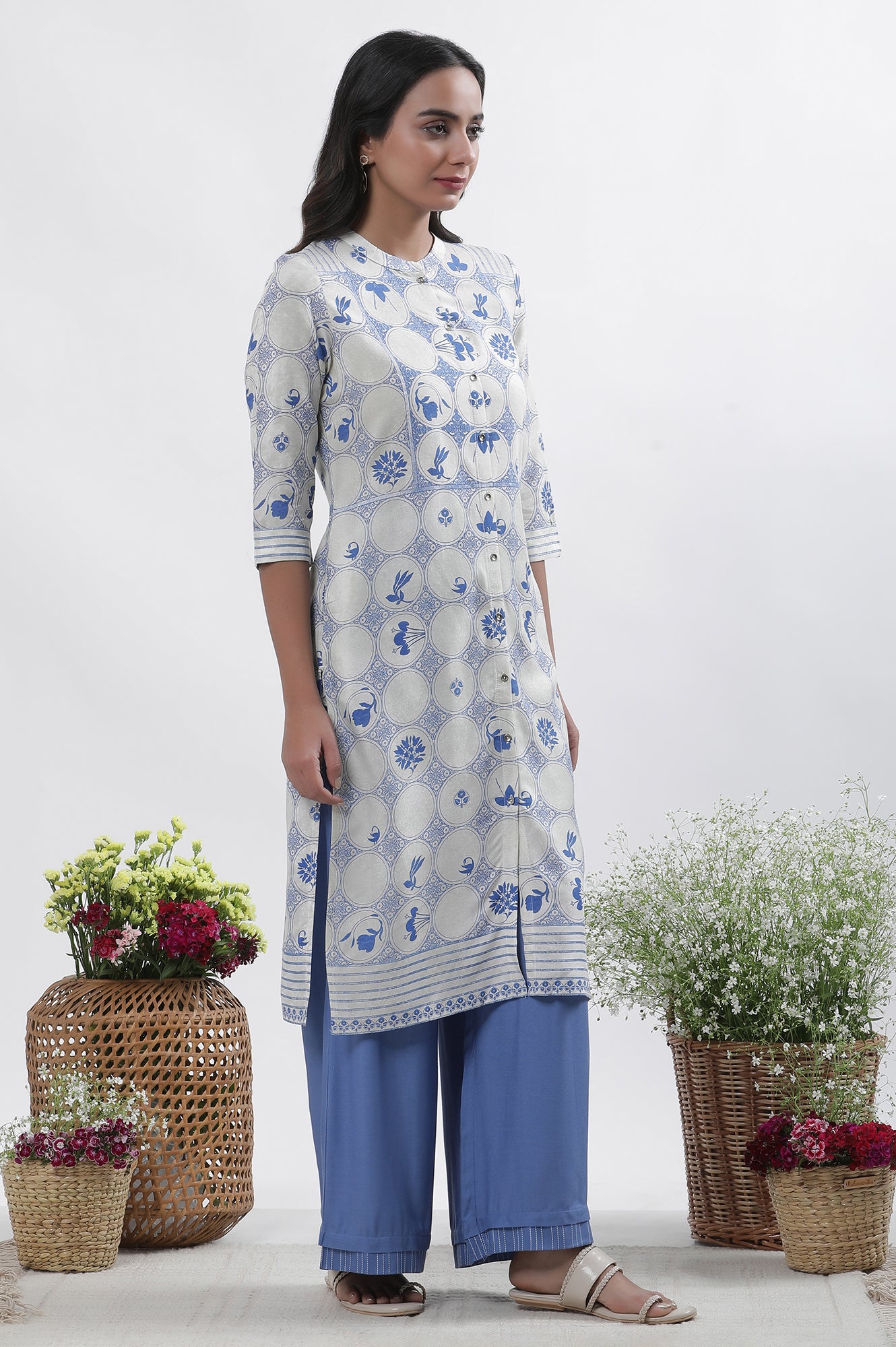 White &amp; Blue Printed Kurta, Parallel Pants And Dupatta Set